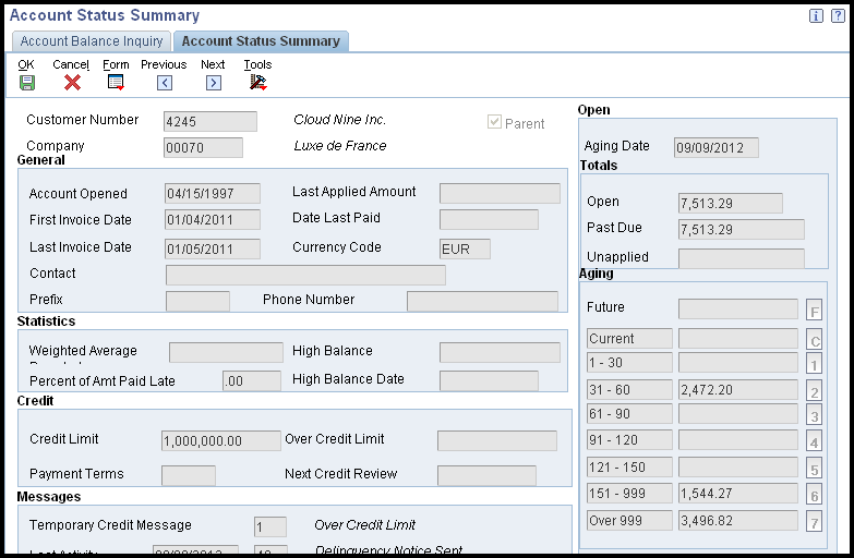 Account Status Summary form