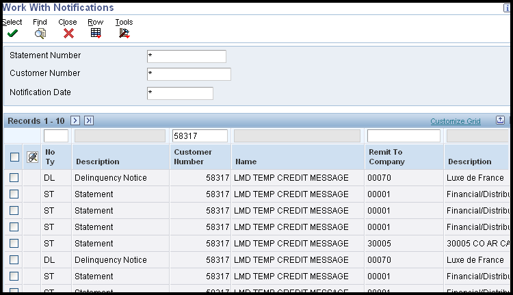 Work with Notifications screen