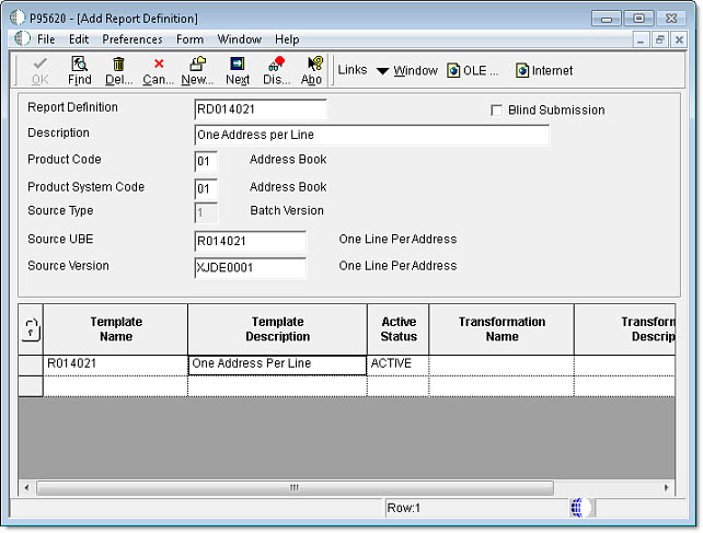 Report Definition screen 1