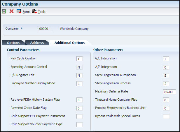 Company Options - Add Options Tab