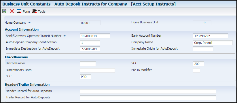 Auto Deposit Instructions for a Business Unit