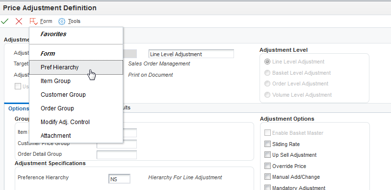 Adjustment Definitoon screen hierarchy